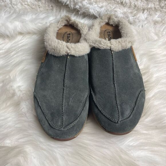 taos Shoes - Taos Future leather Suede gray open back clogs with faux fur lining size 8